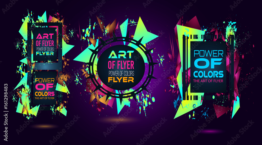 Poster futuristic frame art design with abstract shapes and drops of colors