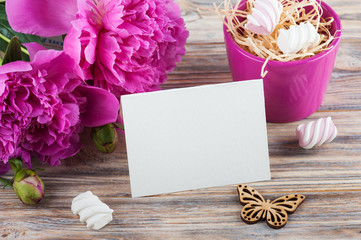Postcard with peony flowers, sweets