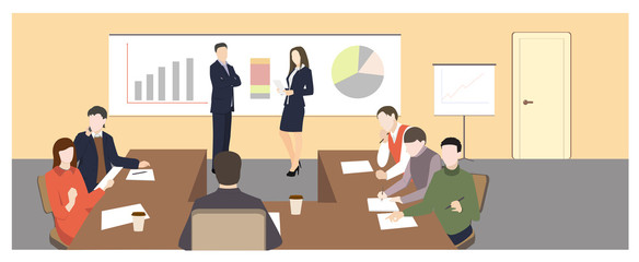 Business characters. Working people, meeting, teamwork, conference table, brainstorm. Workplace. Office life. Flat design vector illustration.
