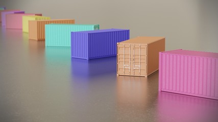Long isolated line of brightly colored Shipping Containers on a neutral surface
