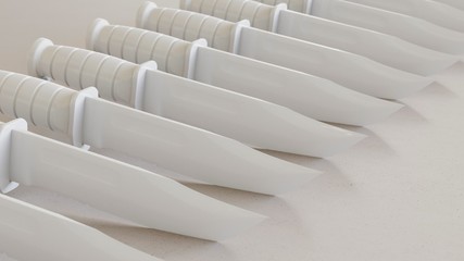 Obraz premium Endless line of White Plastic Toy Hunting Knives on a modern surface