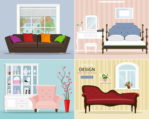 Stylish graphic room set: bedroom with bed and night table; living room with sofa, armchair, window. Interior design with cute furniture. Vector illustration.