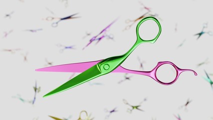 Floating Vibrantly Colored Barbers Scissors Against a background of similarly brightly colored Barber's Scissors