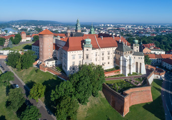 Historic royal Wawel castle in Cracow, Poland  Aerial view in the morning.