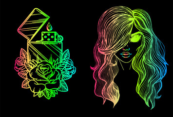 Neon sketches - a mystical portrait of a girl without eyes and a lighter with a rose