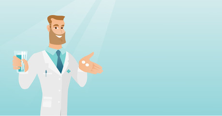 Pharmacist giving pills and a glass of water.