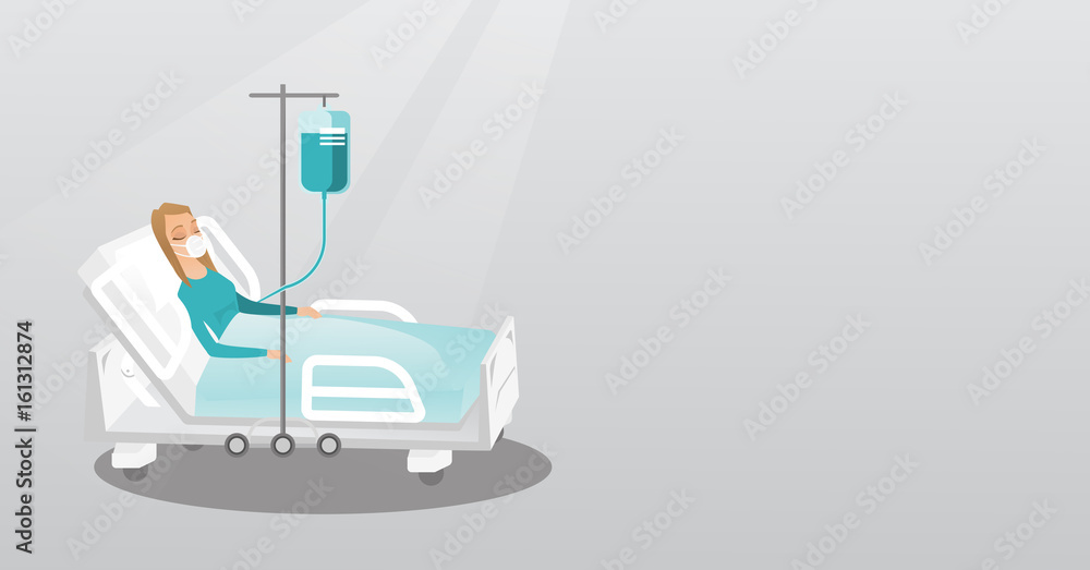 Poster Patient lying in hospital bed with oxygen mask.