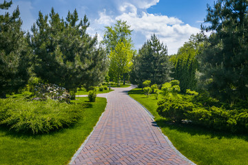 Landscaping in the garden. The path in the garden.Beautiful backyard landscape design,Some flowers and nicely trimmed bushes on the leveled front yard,Landscape formal