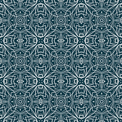 The patterned weave of white lines on a dark green background. Seamless ornament for embroidery, printing, textiles or design paper.