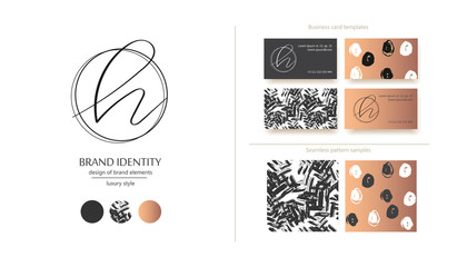 Letter H vector logo. Design includs two business card templates and two seamless patterns. Golden metallic elements