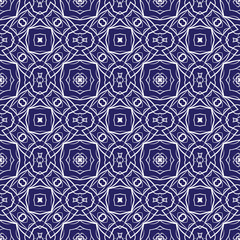 Seamless white geometric pattern on a blue background.