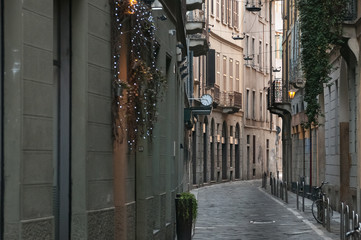 Streets and buildings in Milan, Italy.