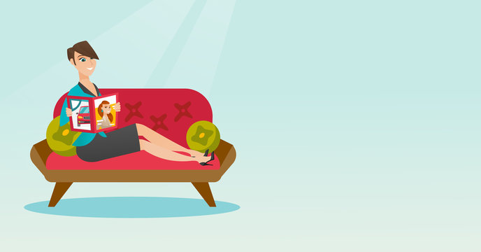 Woman reading magazine on sofa vector illustration