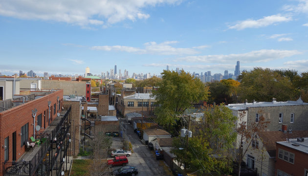 Chicago skyline from suburban neighborhood