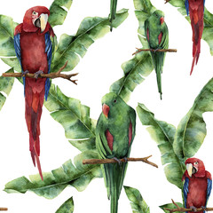 Watercolor seamless pattern with parrots and banana palm leaves. Hand painted red-and-green macaw and palm branch isolated on white background. Nature ornament with exotic tropical bird. For design.