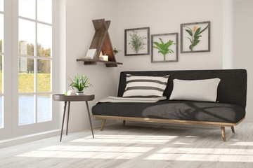 White room with sofa and green landscape in window. Scandinavian interior design. 3D illustration