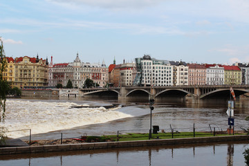 View of the dancing house from the back of the vltava river. Prague. Czech Republic
