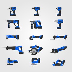 Blue modern cordless power tools set. Electric hand tools illustration