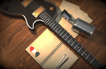 Guitar and microphone with notebook for chords on wooden background. Guitar (electric). Microphone.3D rendering.