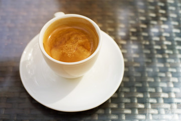Cup of coffee on a saucer on a table
