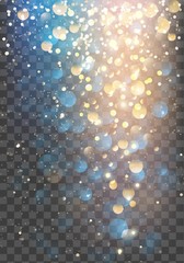 Abstract glitter background. Vector gold glitter particles and lights on transparent background. Sparkling texture.