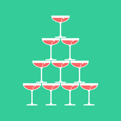Glass of champagne tower. Alcohol in glass belfry. Wine pyramid. Cocktail hill