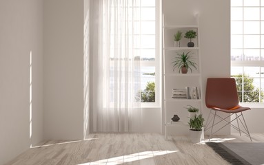 White room with chair and green landscape in window. Scandinavian interior design. 3D illustration