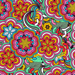 Seamless pattern. Decorated with leaves  and flowers. Doodles style.