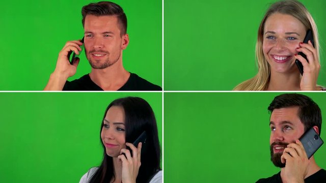 4K compilation (montage) - people phone with smartphone - green screen studio - closeup 