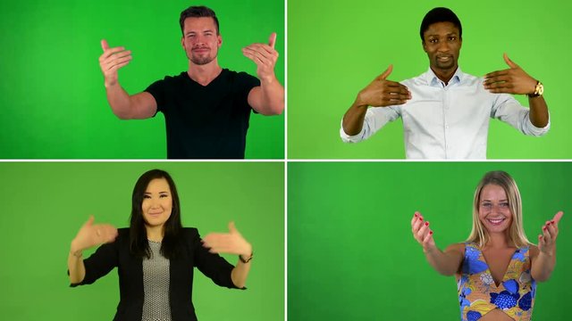 4K compilation (montage) - people invite (gesture with their hands) - green screen studio