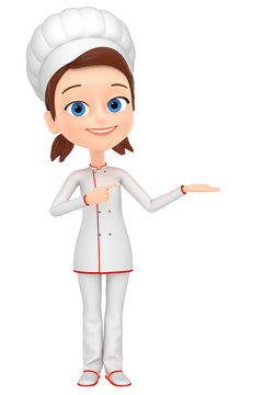 3d render illustration. Girl chef pointing with finger to palm, isolated on white background.