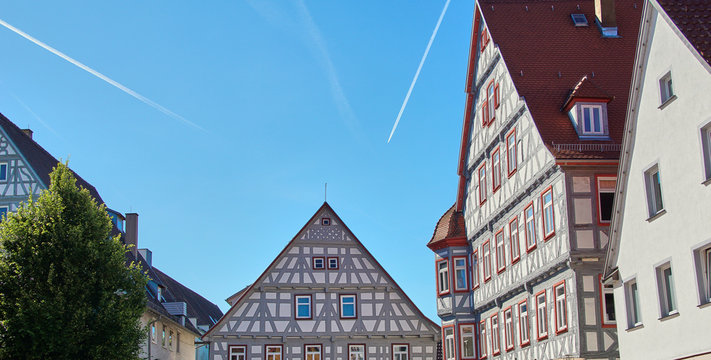 Blue sky on traditional german timber frame houses in Waiblingen (Baden-Wuerttemberg