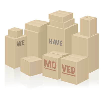 WE HAVE MOVED - moving boxes, packing case - isolated vector illustration on white background.