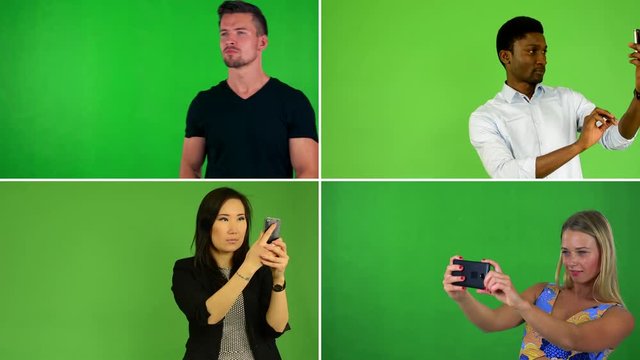 4K compilation (montage) - people take pictures with smartphone - green screen