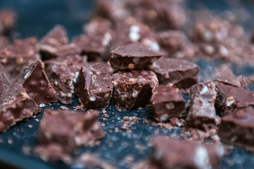 Black chocolate pieces.