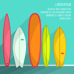 Surf boards Vector illustration Five surf boards on light blue wall Poster template Set of different surfboards in cartoon style