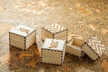 Empty wooden boxes on a wooden table