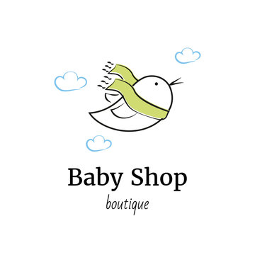 Vector logo template for baby shop, store, market or child center. A little bird with green scarf around his neck. Child care logotype.