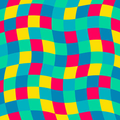 Seamless geometric retro pattern vector background with colorful squares and diamond shapes purple yellow turquoise green