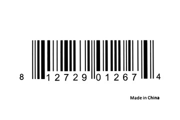 Barcode label closeup. Isolated on white background. Text reads Made in China.