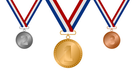 Set of gold, silver and bronze medals on white background