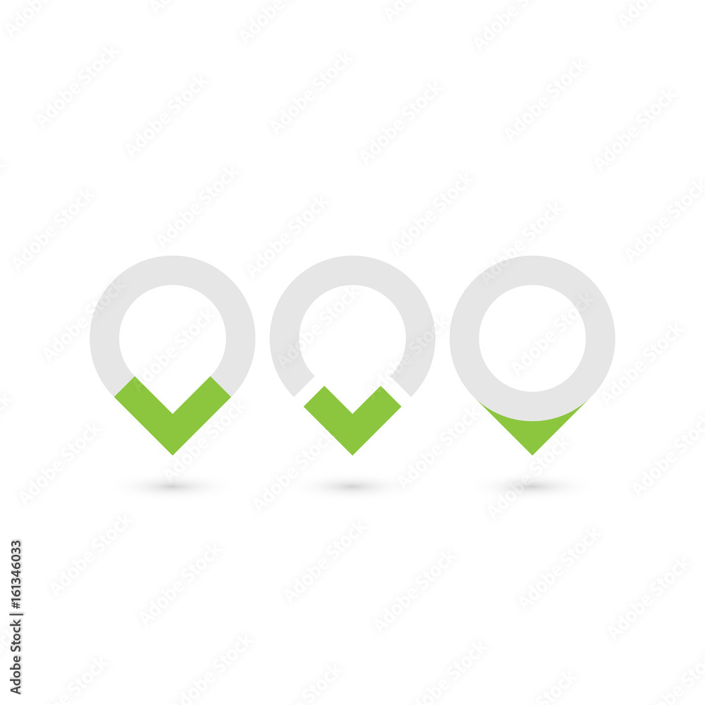 Aufkleber set of three original map pointers - navigation pins. simple flat vector objects in grey and green.