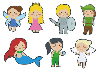Cute Children Fairytale Clipart of Pixie, Princess, Prince, Robin Hood, Mermaid, Elf and Angel