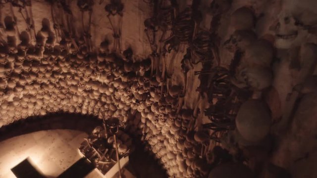 Human bones in the crypt of the church, Lampa, Peru. 4k	