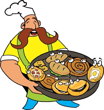 Comic cook with pizza and pie in the hands, 
Pizzas and pies with funny face