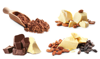 Set of cocoa products on white background
