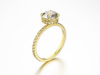 3D illustration yellow gold ring with diamonds on a grey background