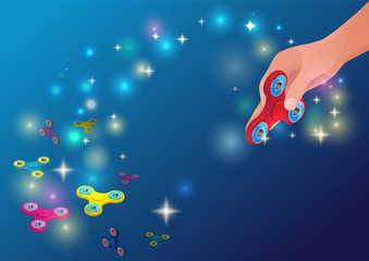 Fidget spinner dark blue background with hand holding trendy anti-stress toy, colorful 3d rotating gadgets and bright lights vector illustration