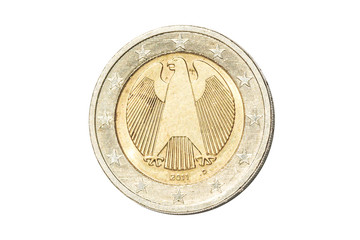 Germany coin of two euro closeup with German eagle, symbol of German sovereignty. Isolated on white studio background.