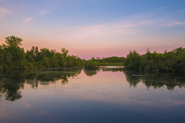 Fototapeta na wymiar Sunset Over Pond in Stoughton, Massachusetts